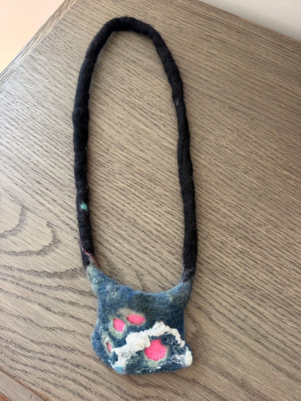 Handcrafted Felt Pendant Necklace in Black and Blue with Pink Accents